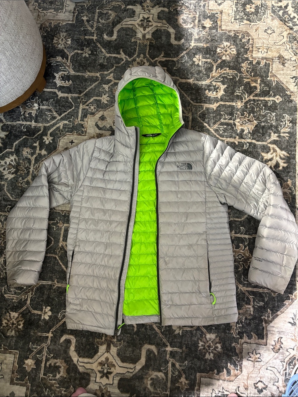 The North Face Kids Light Gray Jacket with Bright Lime Green Lining
